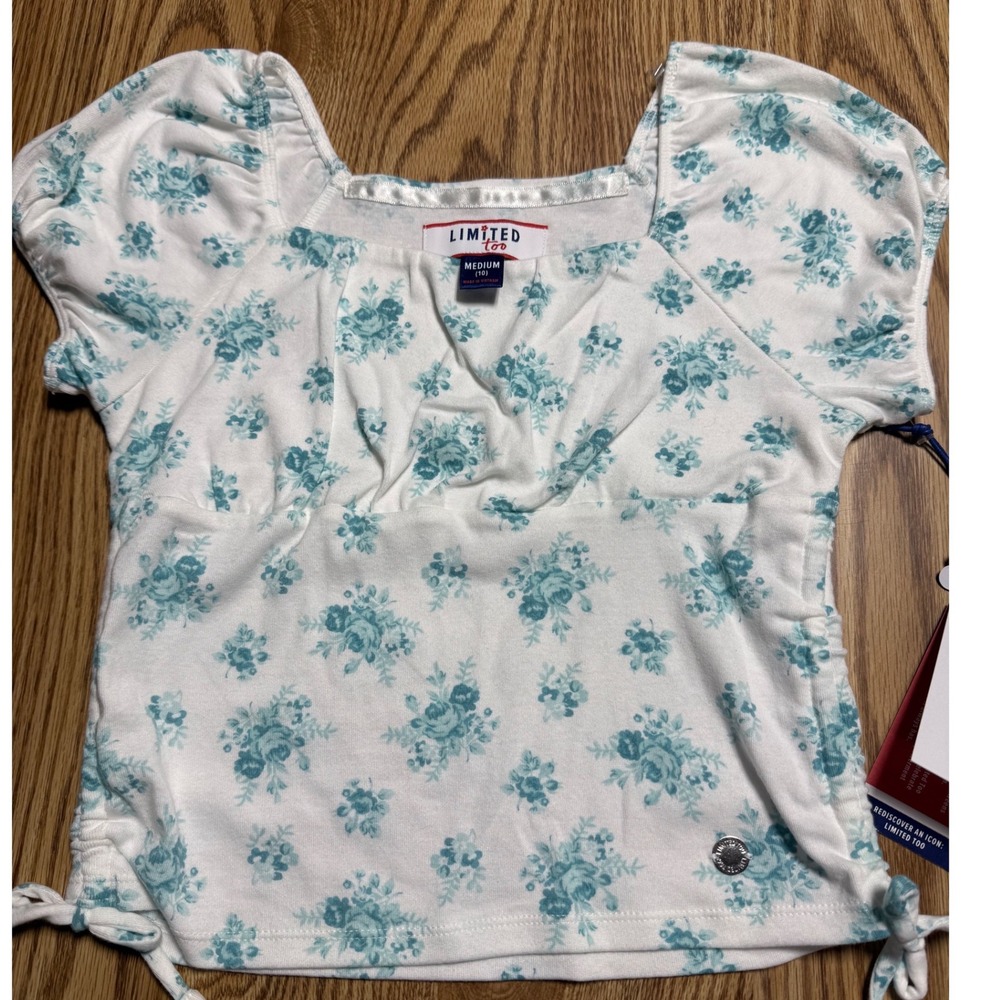 Limited Too‎ Girl Sz 10 Medium Blue White Floral Ruched Side Puff Sleeve Top NWT